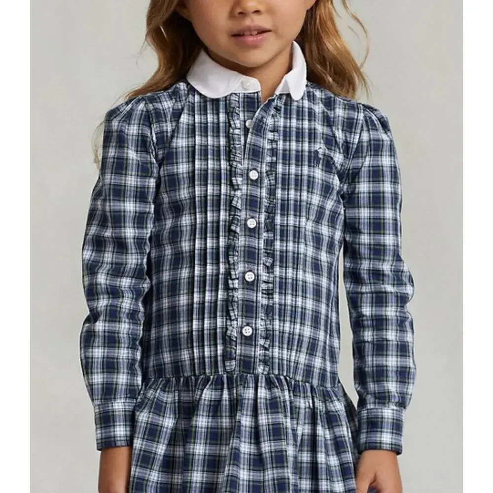 POLO Ralph Lauren Girls Navy Blue Green Plaid Stretch Poplin Shirt Button Dress